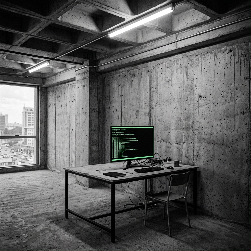 Raw concrete workspace with terminal displaying sovereign AI deployment